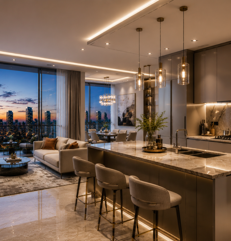 Sophisticated luxury living and dining area at M3M Maybach Residences Sector 58 Gurgaon